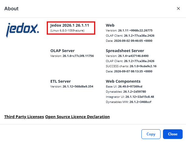 Click to enlarge Screenshot show "About" dialog in Jedox, with version number highlighted